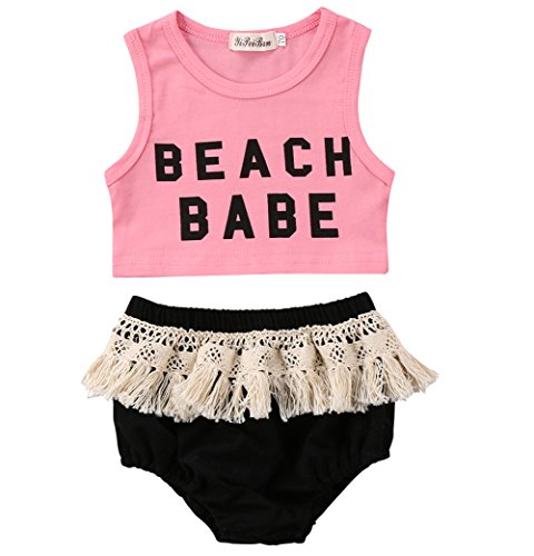 Product Cover Infant Toddler Baby Girl Beach Babe Top and Tassel Shorts Pants 2 Piece Sunsuit Playwear Outfits (Pink, 70 (6-12 Months))