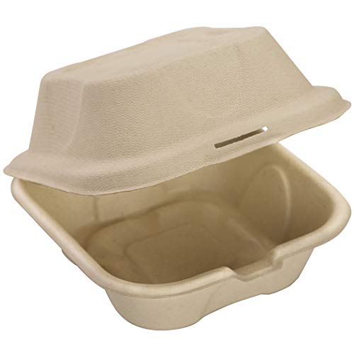 Product Cover Biodegradable 6x6 Take Out Food Containers with Clamshell Hinged Lid 50 Pack. Microwaveable, Disposable Takeout Box to Carry Meals Togo. Great for Restaurant Carryout or Party Take Home Boxes