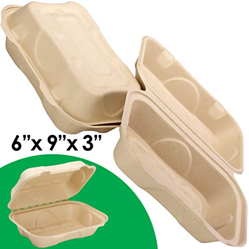 Product Cover Biodegradable 6x9 Take Out Food Containers with Clamshell Hinged Lid 25 Pack. Microwaveable, Disposable Takeout Box to Carry Meals ToGo. Great for Restaurant Carryout or Party Take Home Boxes