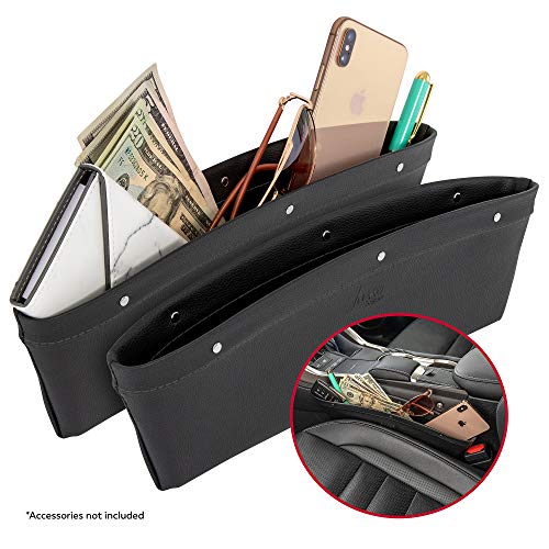 Product Cover 2 in 1 Car Seat Gap Organizer | Universal Fit | Storage Pockets Adjust | 2 Set Car Seat Crevice Storage Box | Helps Reduce Distracted Driving & Holds Phone Money Cards Keys Remote | Black Stitching