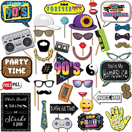 Product Cover 90s Throwback 1990s Party Theme Photo Booth Props 41 Pieces with Wooden Sticks and Strike a Pose Sign by Outside The Booth