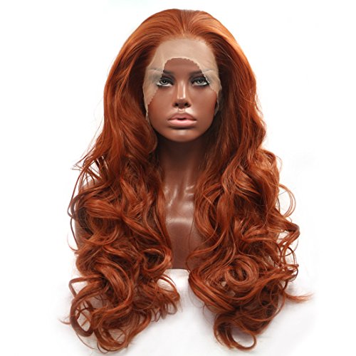 Product Cover BESTUNG Fashion Glueless Copper Red Long Natural Wavy Free Part Lace Front Wigs Heat Resistant Synthetic Hair Wig for Women 24Inch (Copper Red)
