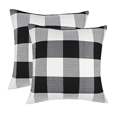 Product Cover 4TH Emotion Set of 2 Farmhouse Buffalo Check Plaid Throw Pillow Covers Cushion Case Cotton Linen for Fall Home Decor Black and White, 20 x 20 Inches