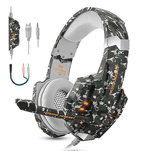 Product Cover BGOOO Stereo Gaming Headset for PS4, PC, Xbox One,Professional 3.5mm Noise Isolation Over Ear Headphones with Mic, LED Light, Bass Surround, Soft Memory Earmuffs for Laptop Mac Nintendo (Camouflage)