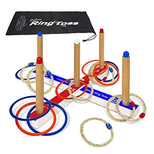 Product Cover Ring Toss Deluxe Outdoor & Indoor Game - Toss Yard Game - Includes 16 Rings, 8 Rope & 8 Plastic. Carry Bag Included - Easy to Assemble - Fun Family and Friends Game