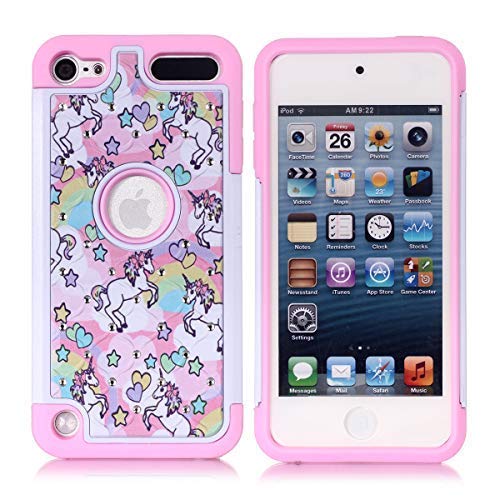 Product Cover Apple iPod Touch 6th Case, iPod 5th Generation Case, Rainbow Unicorn Pattern Shockproof Studded Rhinestone Crystal Bling Hybrid Case Silicone Protective Armor for Apple iPod Touch 5 6th Generation