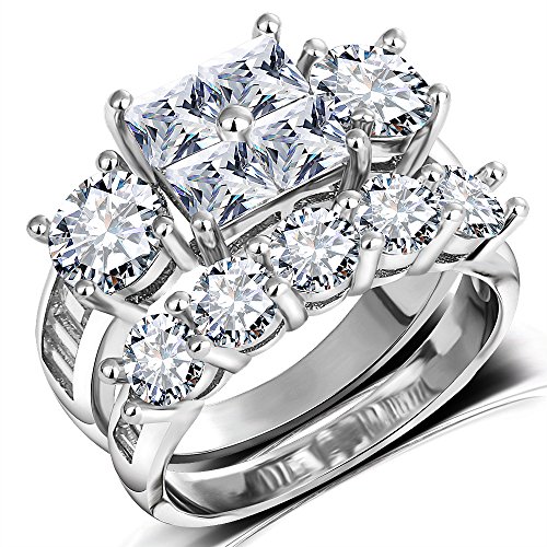 Product Cover Princess Wedding Rings for Women - Brilliant Cubic Zirconia Big Engagement Bridal Sets Size 5-11