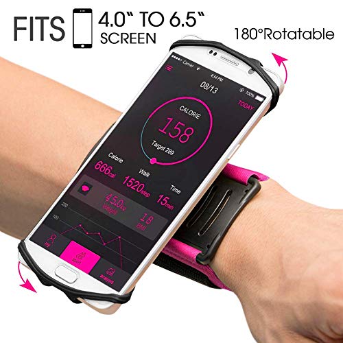 Product Cover VUP Wristband Phone Holder for iPhone Xs Xs Max XR X 8 8 Plus 7 7 Plus 6S 6 5S Samsung Galaxy S9 S8 Plus S7 Edge, Google Pixel, 180° Rotatable, Great for Hiking Biking Walking Running Armband (Pink)