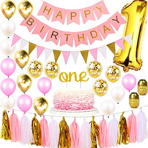 Product Cover 1st Birthday Girl Decorations Premium Party Supplies Set | Princess First Pink n Gold Girls Theme Kit | 1 Year Cake Topper, Happy Birthday Banner Number Mylar Balloon, Metallic Balloons, Paper Decor