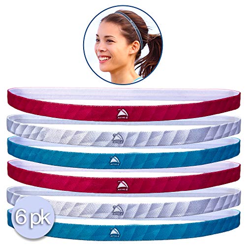 Product Cover Athlé Skinny Sports Headbands 6 Pack - Men's and Women's Elastic Hair Bands with Non Slip Silicone Grip - Lightweight and Comfortable Sweatbands Keep You Cool and Dry - Pink, White, Blue