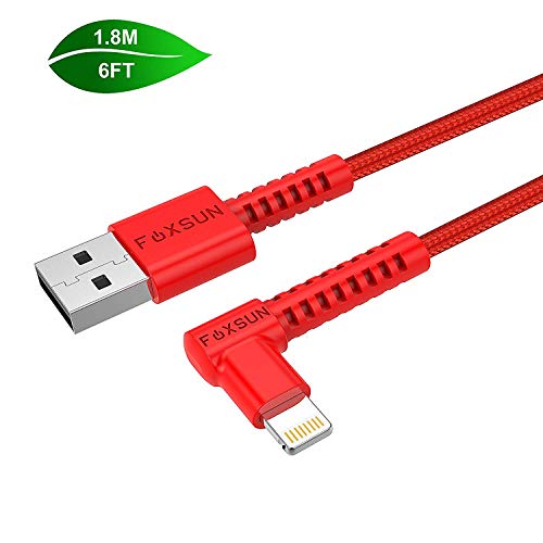 Product Cover Foxsun 90 Degree Lightning Cable 6ft Nylon Braided [Apple MFi Certified] Right Angle iPhone Charger Cable Cord Compatible with iPhone X/XS/XR/XS MAX/ 8/8 Plus/7/7 Plus/6/6 Plus/5s/iPad and More (Red)