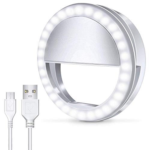 Product Cover Meifigno Selfie Phone Camera Ring Light with 36 LED [Rechargeable], Clips On, 3-Level Adjustable Brightness Makeup Light for iPhone X Xr Xs Max 7 8 Plus 11 Pro Android Samsung Photography (White)