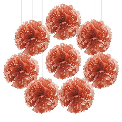 Product Cover Andaz Press Tissue Paper Pom Poms Hanging Decorations, Rose Gold, 6-inch, 8-Pack, Copper Champagne Wedding Baby Bridal Shower Colored Party Decorations