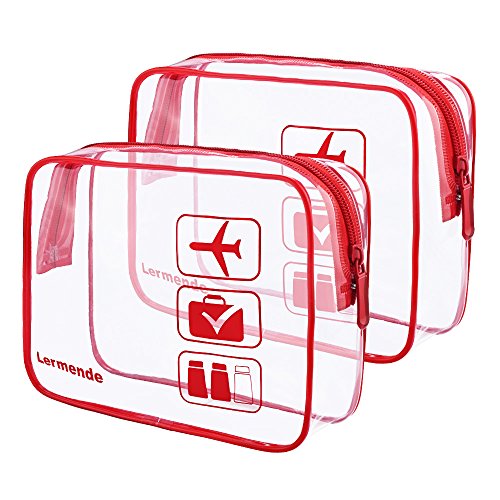 Product Cover 2pcs/pack Lermende Clear Toiletry Bag TSA Approved Travel Carry On Airport Airline Compliant Bag Quart Sized 3-1-1 Kit Luggage Pouch (Red)