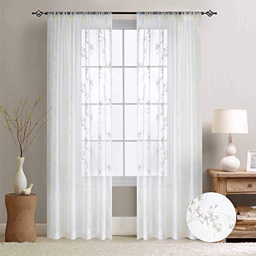 Product Cover Floral Embroidered Sheer Curtains for Bedroom Drapes Semi Sheer Curtains for Living Room Embroidery Curtain Panels 63 inches Long Grommet Top 2 Pieces, Ivory