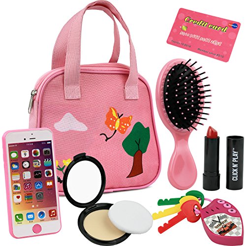 Product Cover Click N' Play 8Piece Girls Pretend Play Purse, Including A Smartphone, Car Keys, Credit Card, Lipstick, Lights Up & Make Real Life Sounds