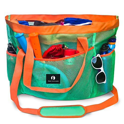 Product Cover Red Suricata Large Mesh Beach Bag - Mesh Beach Tote Bag with Pockets - Beach Bags and Totes for Women with Zipper & 7 Large Elastic Pockets for Beach Accessories & Beach Toys (Turquoise/Orange)