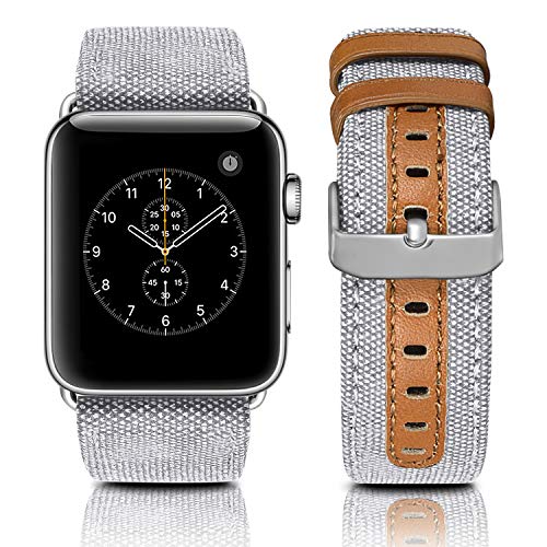 Product Cover Jobese Compatible with Apple Watch Band 42mm/44mm 38mm/40mm, Classic Elegant Canvas Fabric Straps with Genuine Leather Replacement Wristband Compatible with Apple Watch Series 5 4 3 2 1, Men Women