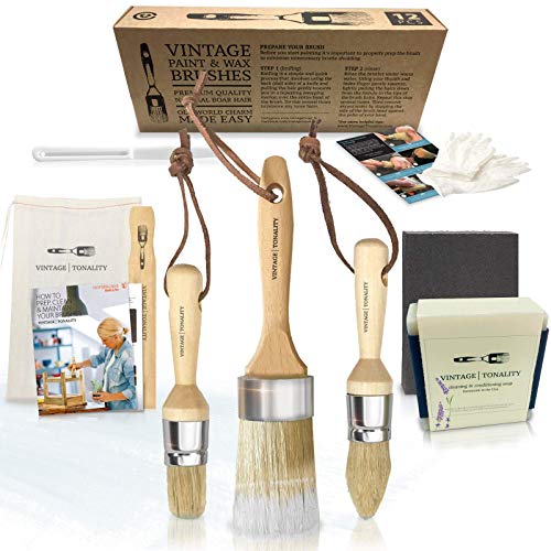 Product Cover Vintage Tonality Pro Chalk & Wax Brush Set for Painting Furniture, 3 Paint Brushes, Works with Milk Paint, Clear Wax, Home Decor Large & Small Natural Hair Bristles Round, Oval, Flat Bristle Head