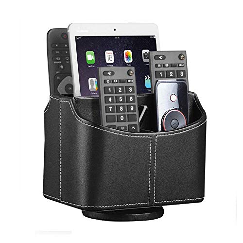 Product Cover YAPISHI Leather Remote Control Holder, 360 Degree Spinning Desk TV Remote Caddy/Box,Bedside Table Organizer for Controller, Media, Mail, Calculator, Mobile Phone and Pen Storage