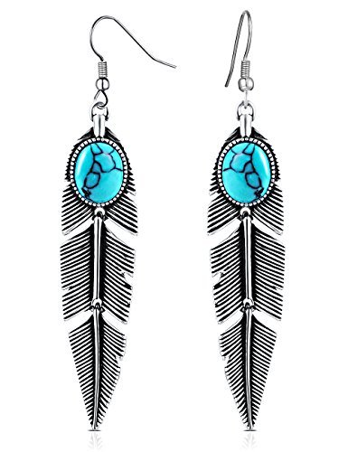 Product Cover XZP Bohemian Pendant Earrings for Women Metal Tribal Feather Tibetan Dangle Earring Retro Silver with Turquoise