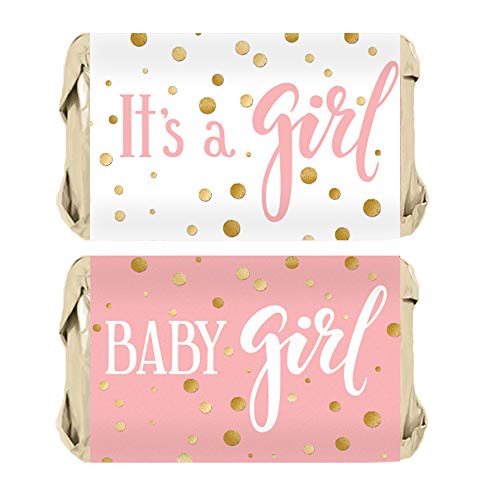 Product Cover Pink and Gold It's a Girl Baby Shower Mini Candy Bar Wrappers - 45 Stickers