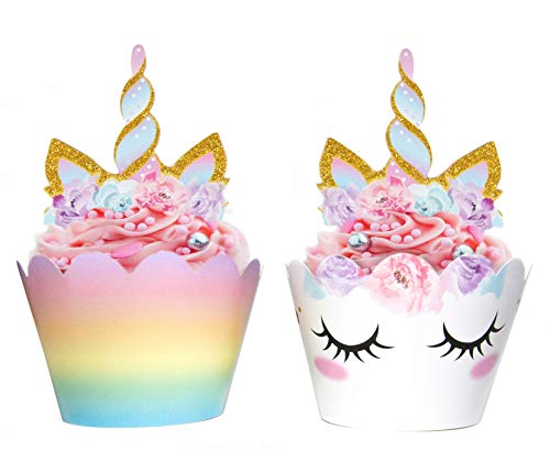 Product Cover Unicorn Cupcake Decorations, Double Sided Toppers and Wrappers, Rainbow and Gold Glitter Decorations, Cute Girl's Birthday Party Supplies, 24 sets -- By Xeren Designs
