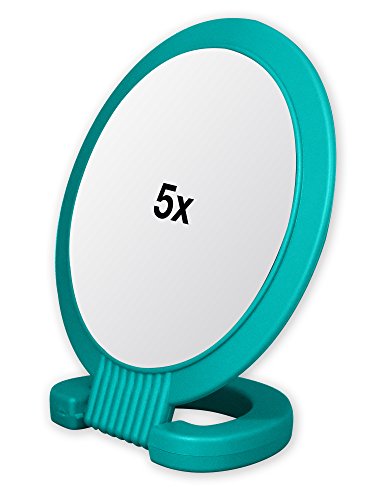 Product Cover Double Sided Pedestal Mirror Stand - Vanity Round Mirror with 1x and 5x Magnification - Adjustable Handle and Portable Free-Standing Mirror for Travel, Shaving, Bathrrom, Tabletop, Makeup (Turquoise)