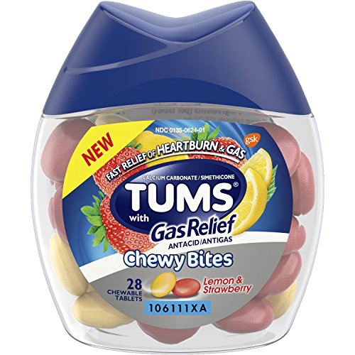 Product Cover Tums Chewy Bites Antacid with Gas Relief, Lemon and Strawberry, 28 Chewable Tablets