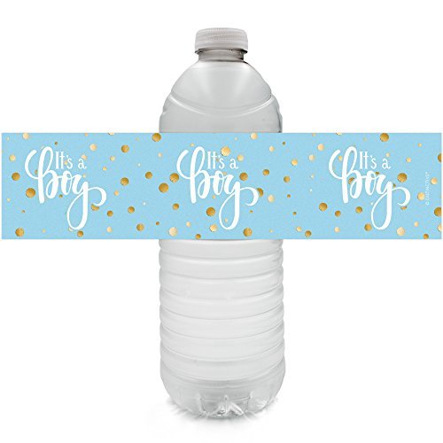 Product Cover Gold Boy Baby Shower Water Bottle Labels 24ct - Blue and Gold Its a Boy Baby Shower Decorations Favors - 24 Count Sticker Labels