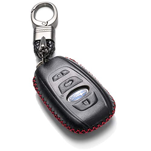 Product Cover Vitodeco Subaru Leather Keyless Entry Remote Control Smart Key Case Cover with a Key Chain for 2019 Subaru Forester, Impreza, Outback, WRX, BRZ, XV Crosstrek (4-Button, Black/Red)