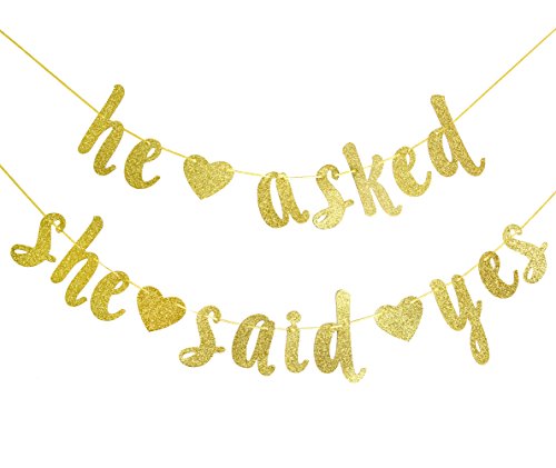 Product Cover Qttier He Asked She Said Yes Gold Glitter Banner - Wedding, Engagement, Bridal Shower Party Decorations