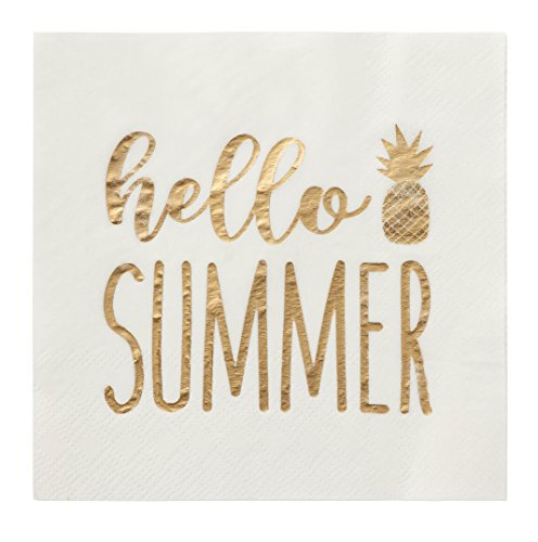 Product Cover Blue Panda 50-Pack Hello Summer Cocktail Napkins - Disposable Paper Party Supplies, 3-Ply, Gold Foil Print, Unfolded 10 x 10 inches, Folded 5 x 5 inches
