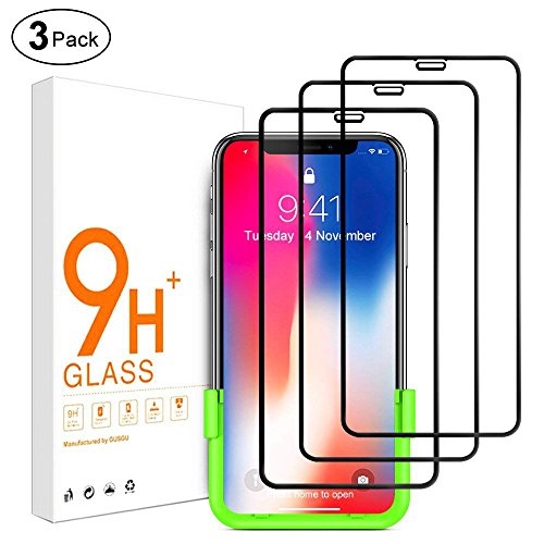 Product Cover [3 Pack] GUSGU Screen Protector Compatible for iPhone X Full Coverage Tempered Glass Film [Easy Installation] 9H+ Hardness HD Compatible for 5.8 inch Apple iPhone 10