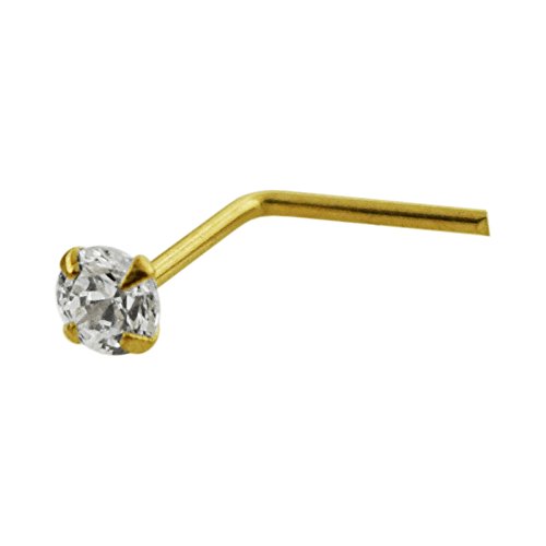 Product Cover 14K Yellow Gold Prong Set Round CZ Stone 22 Gauge L Shape Nose Stud Piercing Jewelry