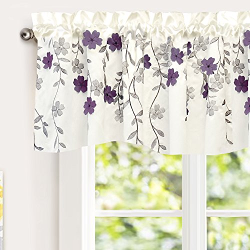 Product Cover DriftAway Isabella Faux Silk Embroidered Kitchen Swag Valance Embroidered Crafted Flower Single 60 Inch by 18 Inch Plus 1.5 Inch Header Ivory Purple
