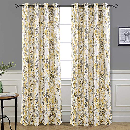 Product Cover DriftAway Leah Abstract Floral Blossom Ink Painting Room Darkening Thermal Insulated Grommet Unlined Window Curtains 2 Panels Each Size 52 Inch by 96 Inch Yellow Silver Gray