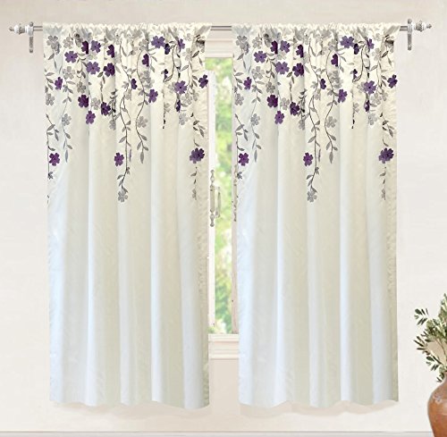 Product Cover DriftAway Isabella Faux Silk Embroidered Window Curtain Embroidered Crafted Flower Lined with Thermal Fabric Single Panel 50 Inch by 63 Inch Ivory Purple