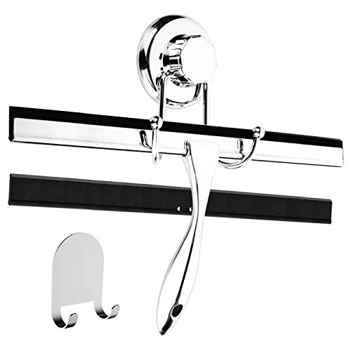 Product Cover HASKO accessories 12-Inch Bathroom Shower Squeegee - Chrome Plated Stainless Steel - with Matching Suction Cup Hook Holder - 3M Adhesive Mounting Disc, 3M Hook,1 Replacement Rubber Blade