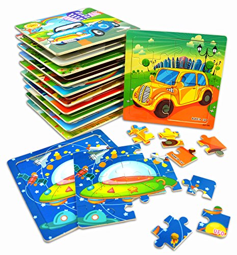 Product Cover Vileafy Kids Jigsaw Puzzles Party Favors Toys for Boys & Girls, Wooden Puzzles, 12-Pack with Individual Storage Tray & Organza Bag, 5 3/4