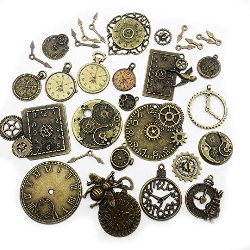 Product Cover 100 Gram (Approx 20 pcs) Assorted Antique Bronze Steampunk Big Clock Dial + Pointer Charms Pendant Collection--Antique Silver Bronze, Jewelry Making for Necklace and Bracelet (Bronze Clock HM71)