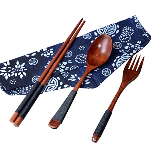 Product Cover FORESTIME Japanese Wooden Chopsticks Spoon Fork Tableware 3pcs Set New Gift (brown, one)