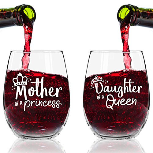 Product Cover Mother of A Princess Daughter of A Queen Stemless Wine Glass Set of 2 (15 oz)- Wine Glasses for Cute Gift for Mom From Daughter- Mother Daughter Matching Gifts Idea- Mom Gift for Birthday, Mother's Da