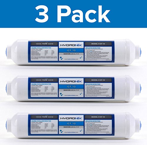 Product Cover Hydronix 3 Pack ICF-10 Reverse Osmosis Post Polishing, Fridge & Ice Inline Coconut GAC Water Filter, 2000 Gal 1/4