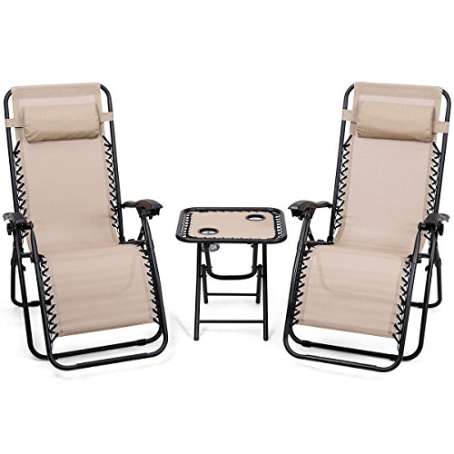 Product Cover Giantex 3 PCS Zero Gravity Chair Patio Chaise Lounge Chairs Outdoor Yard Pool Recliner Folding Lounge Table Chair Set Backyard Lounge Chairs (Beige)