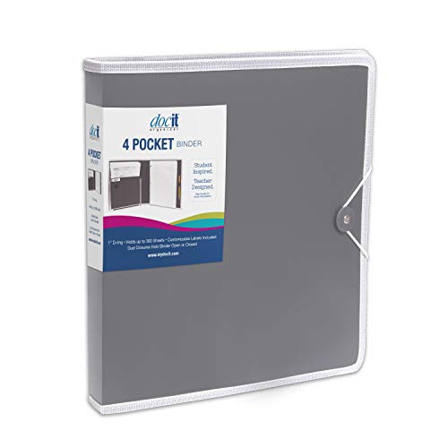 Product Cover DocIt 4 Pocket Binder, Multi Pocket Folder and 1-inch 3 Ring Binder, Perfect for School, Office and Project Organization, Holds 300 Letter Size Papers, Grey (00939-GY)