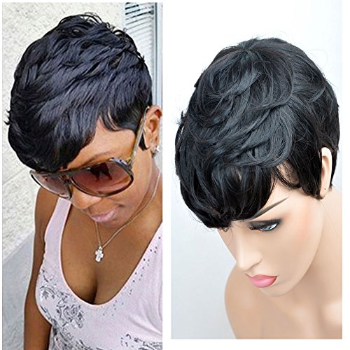 Product Cover SeaSense Short Layered Wavy Human Hair Black Cute Natural Curly Wigs for Black Women 1B Color