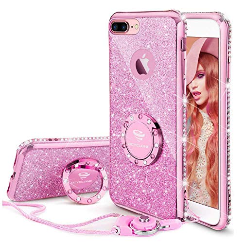 Product Cover Cute iPhone 8 Plus Case, Cute iPhone 7 Plus Case, Glitter Luxury Diamond Rhinestone Bumper with Ring Grip Kickstand Protective Girly Pink iPhone 8 Plus/ 7 Plus Case for Women Girl - Sakura Pink