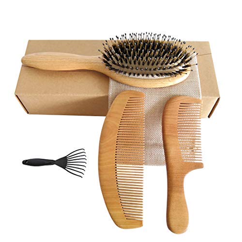 Product Cover boar bristle hair brush with natural wooden comb and peach wood beard comb massage scalp for men and women medium to thick hair 3 pcs