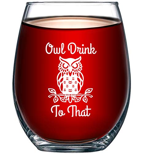 Product Cover Owl Drink To That Funny 15 Ounce Stemless Wine Glass | Perfect Birthday Owl Themed Gift For Men or Women | Owls Kitchen Decor and Decorations | Unique Owl Housewarming Gifts